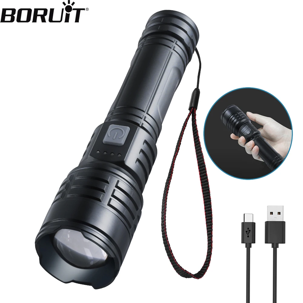 BORUiT Powerful LED Flashlight 600LM Type-C Charging Head Waterproof Zoom Torch Portable Handheld Light Built-in Battery