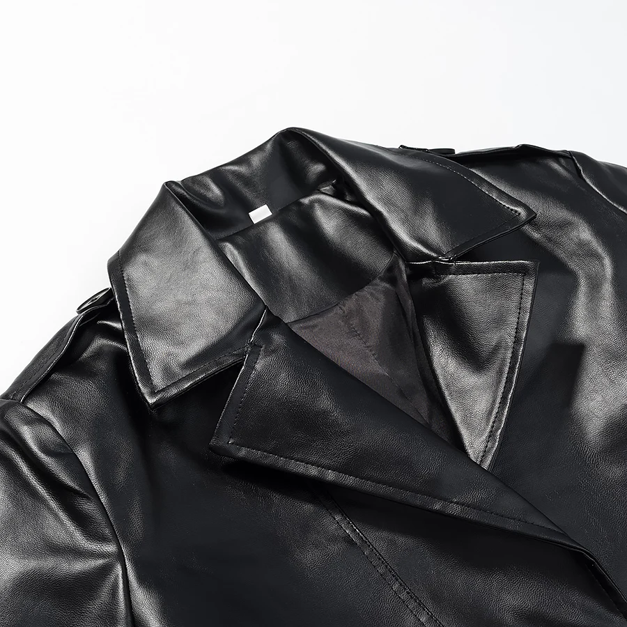 Women Autumn Winter New Full Faux Leather Coat With Belt Single Breasted Turn-Down Collor Vintage Long Female Outerwear