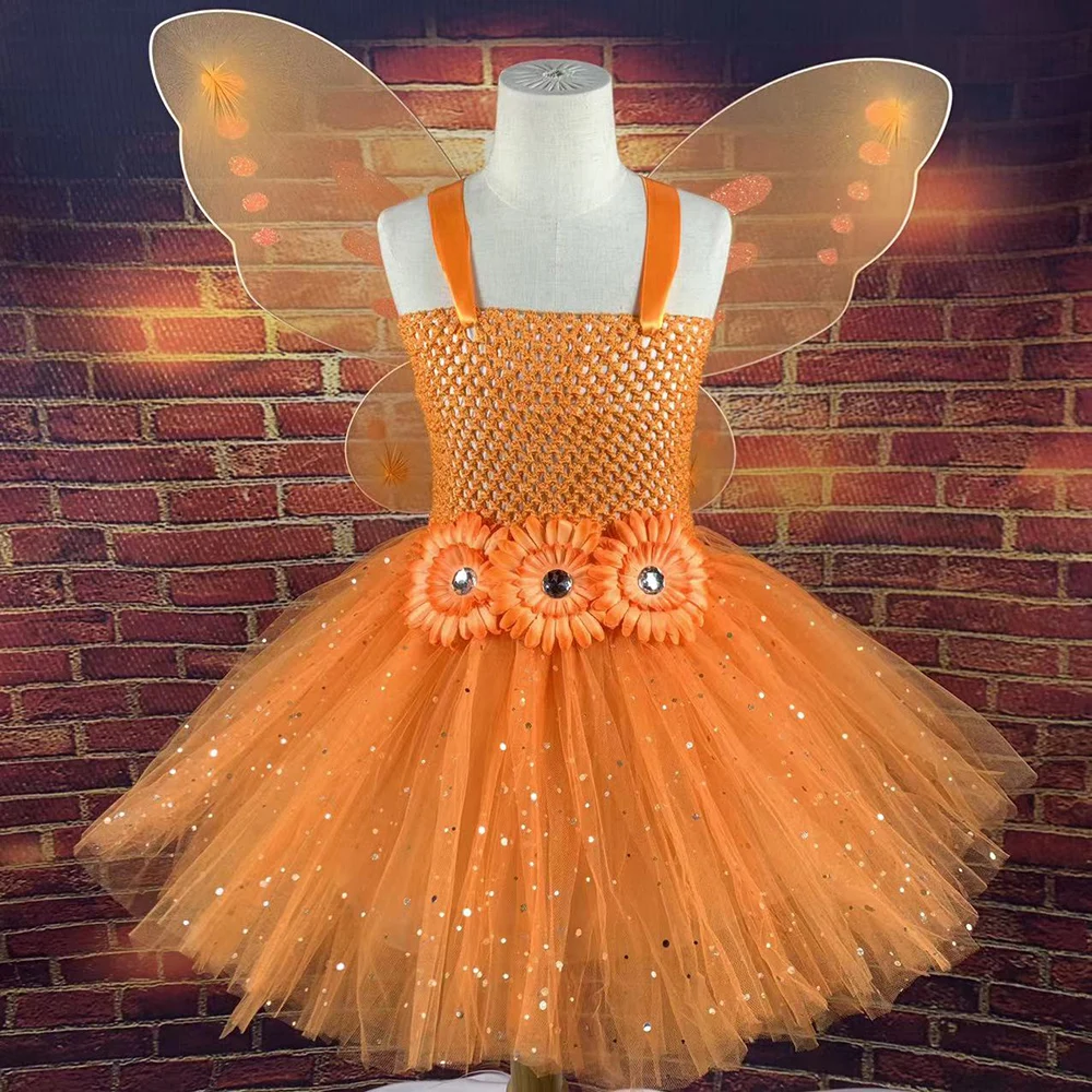 Girls Orange Glitter Tulle Dress Kid Butterfly Fairy Tutu Dresses with Wing Children Halloween Cosplay Costume