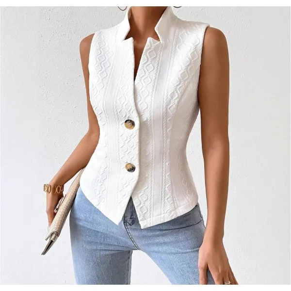 

Elegant Vests Women 2025 Spring Summer Solid V-neck Slim Single Breasted Ladies Commuting All-match Stylish Outwear tank top