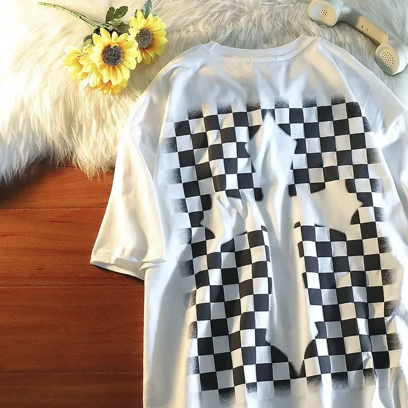 

American Retro Cross T-shirt Men and Women Ins Summer Loose and Versatile Small Number Black and White Grid High Street Primer