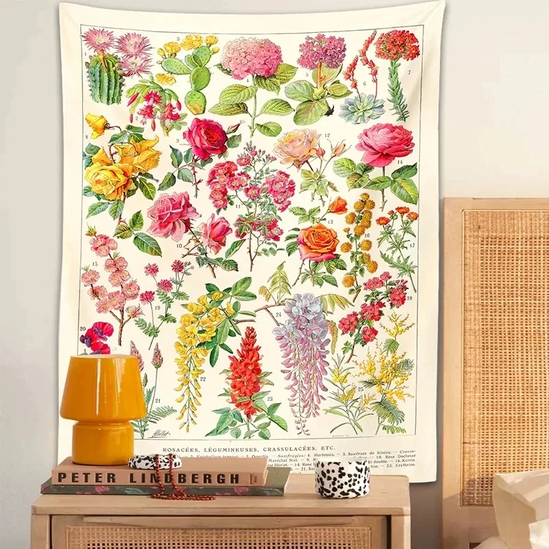 VIKAMA Vintage Botanical Flower Tapestry Wall Hanging Floral Chart Print for Bedroom Living Room Home Aesthetic Decor