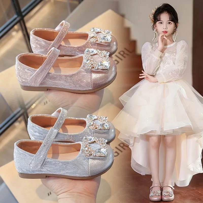 

Girls Crystal Flat Soft-Topped Beaded Princess Flat Shoes - 2026 Spring Summer New Style Children's Lightweight Leather Shoes