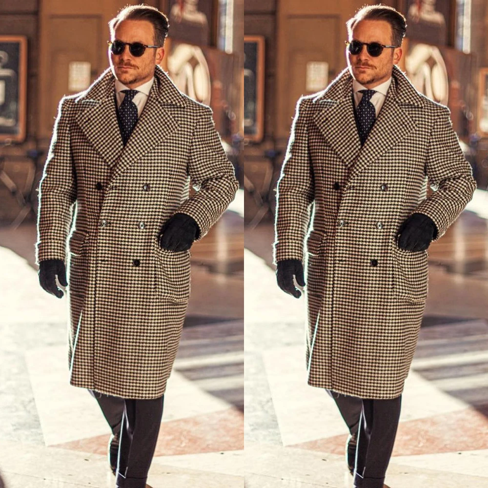 

Men Long Coat Overcoat Houndstooth Gentlemen Blazer Winter Warm Woolen Blend Business Causal Daily Tailored