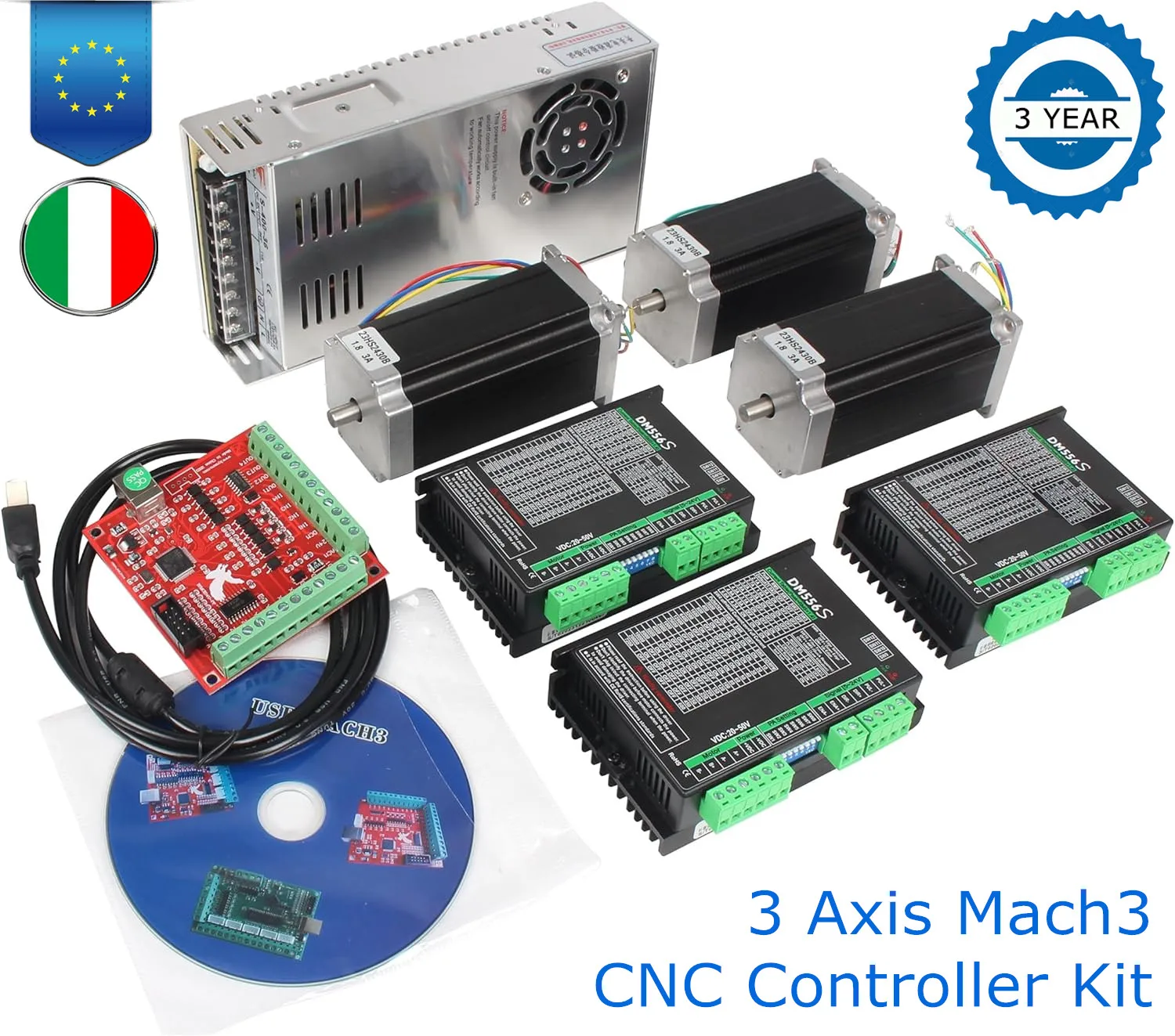 【EU Stock】3 Axis Nema23 Stepper Motor Kit,425oz-in 3A 112mm,DM556S Motor Driver,4 Axis USB Mach3 Controller Board Motion Control