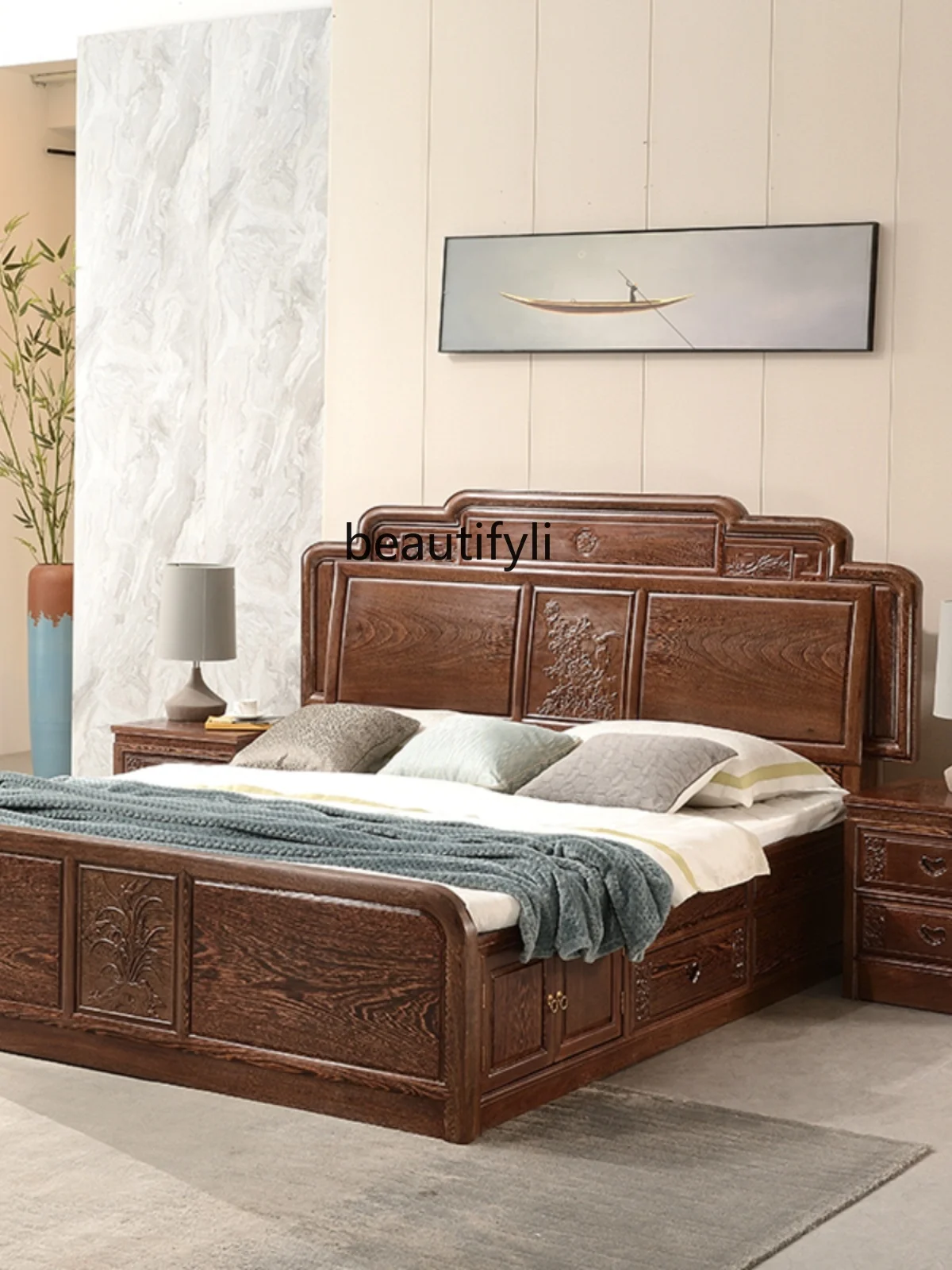 Rosewood Furniture New Chinese Style Rosewood  Solid Wood Bed African Door Frame 1.8 M Solid Wood High Box Double Bed