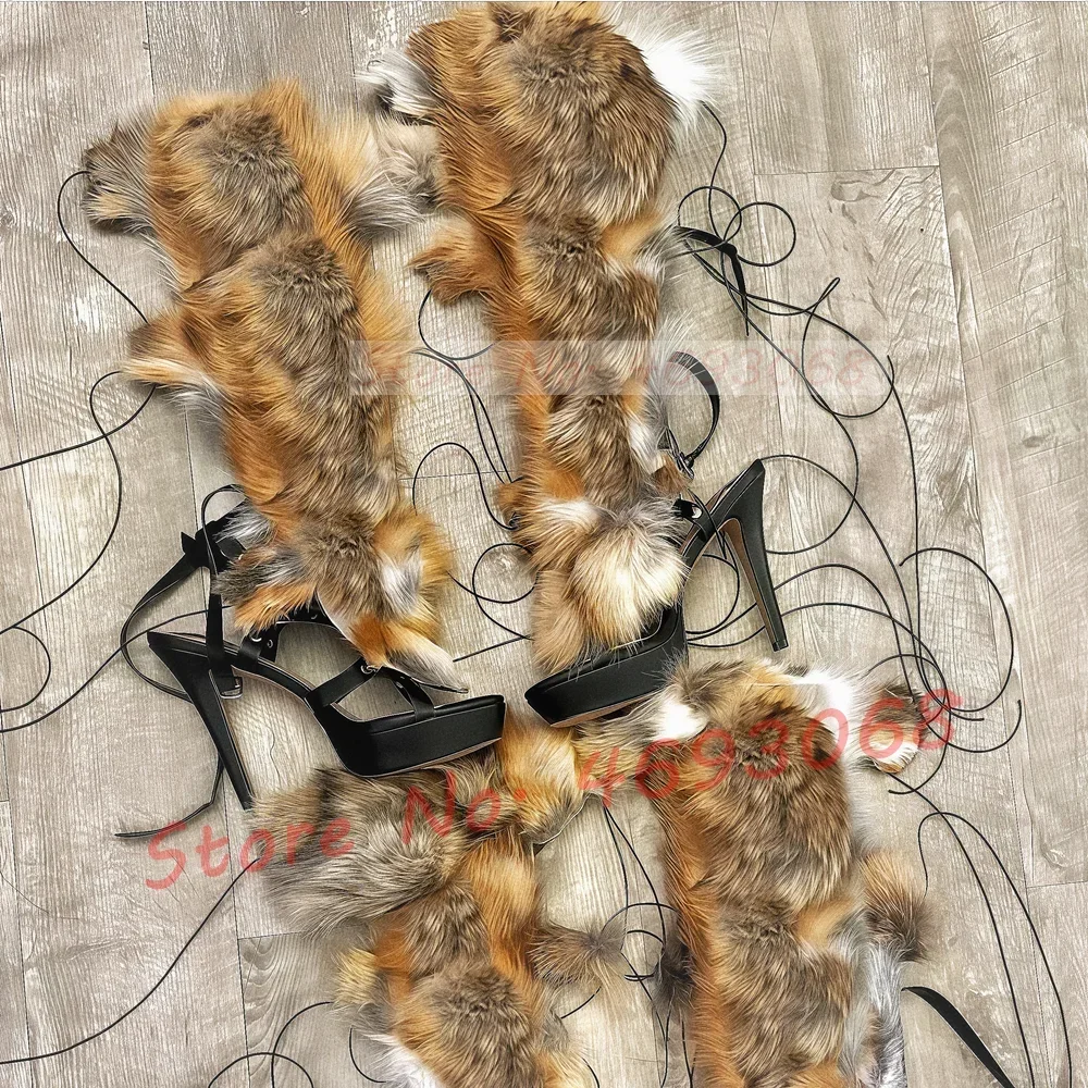 Real Fur Wrap Cross Tied Platform Sandals Women Luxury Open Toe Furry High Heels Long Shoes Ladies Sexy Colored Puttee Sandals view 3