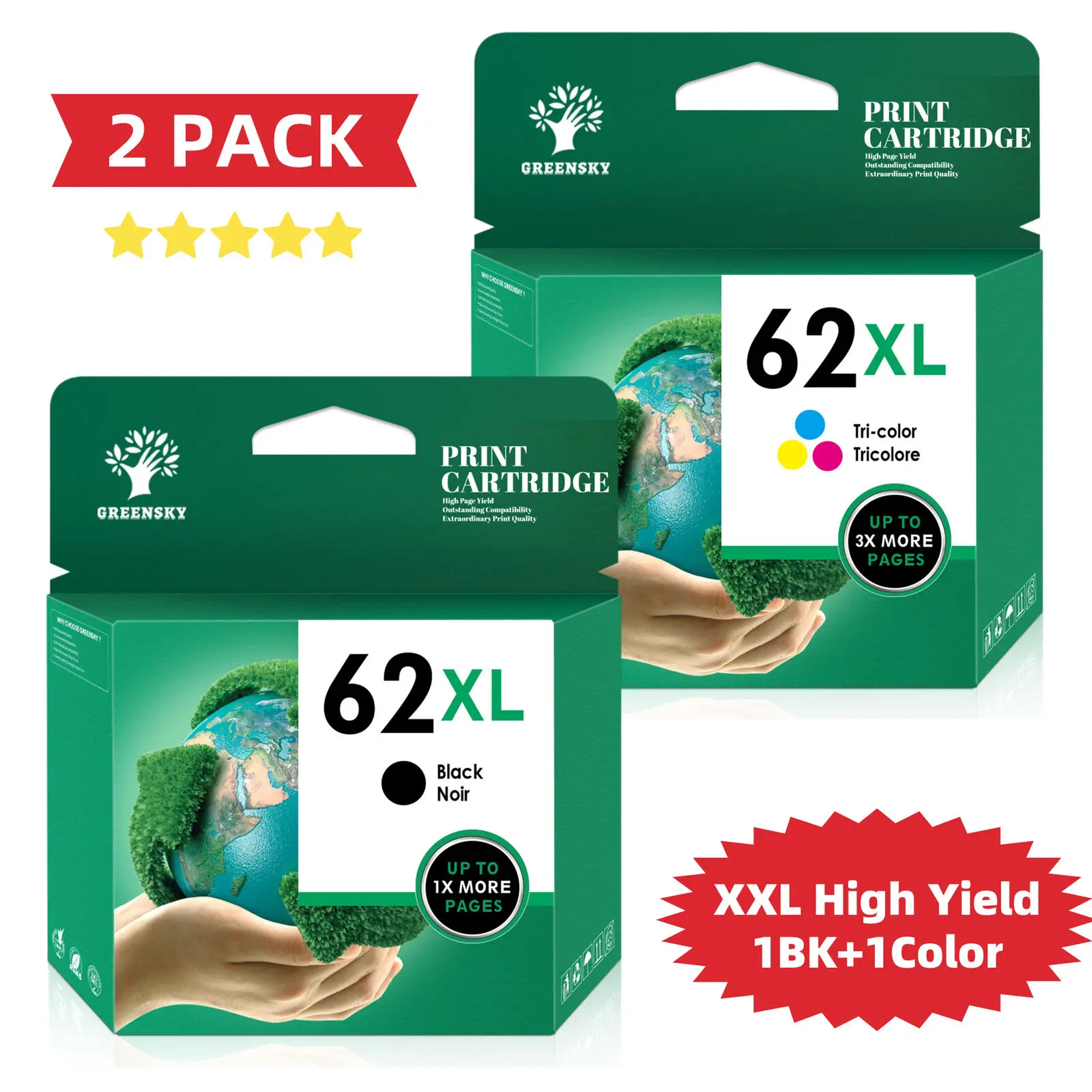 1x Black + 1x color combo | 62XL ink cartridges | for HP Officejet ENVY 62-XL