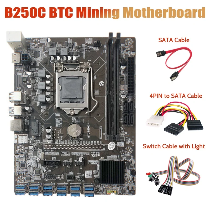 

Материнская плата B250C Miner + кабель с двойным переключателем с подсветкой + 4-контактный кабель SATA + кабель SATA 12 слотов для видеокарты PCIE к USB3.0