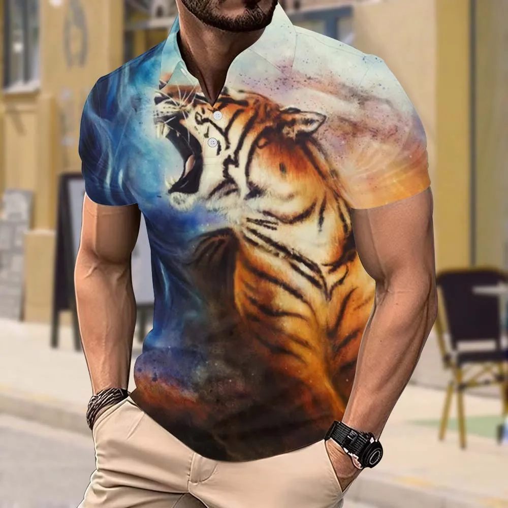 Summer Casual Polo Shirt Tiger Head Print Short-sleeved Top Quick-drying Breathable Pullover Street Loose Polo Shirt Men's Wear