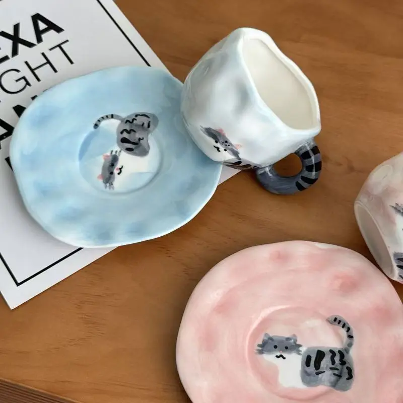 Ceramic Cartoon Cat Mug with Saucer Cute Cat Pattern Coffee Teacup for Cats Lovers Home Garden Decor