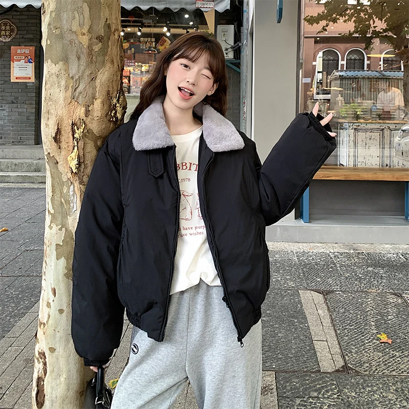 여성용 겨울 자켓 패션 플러시 칼라 푸퍼 다운 코튼 코트 하라주쿠 레트로 라펠 숏 파카 한국 스트리트 패딩 자켓