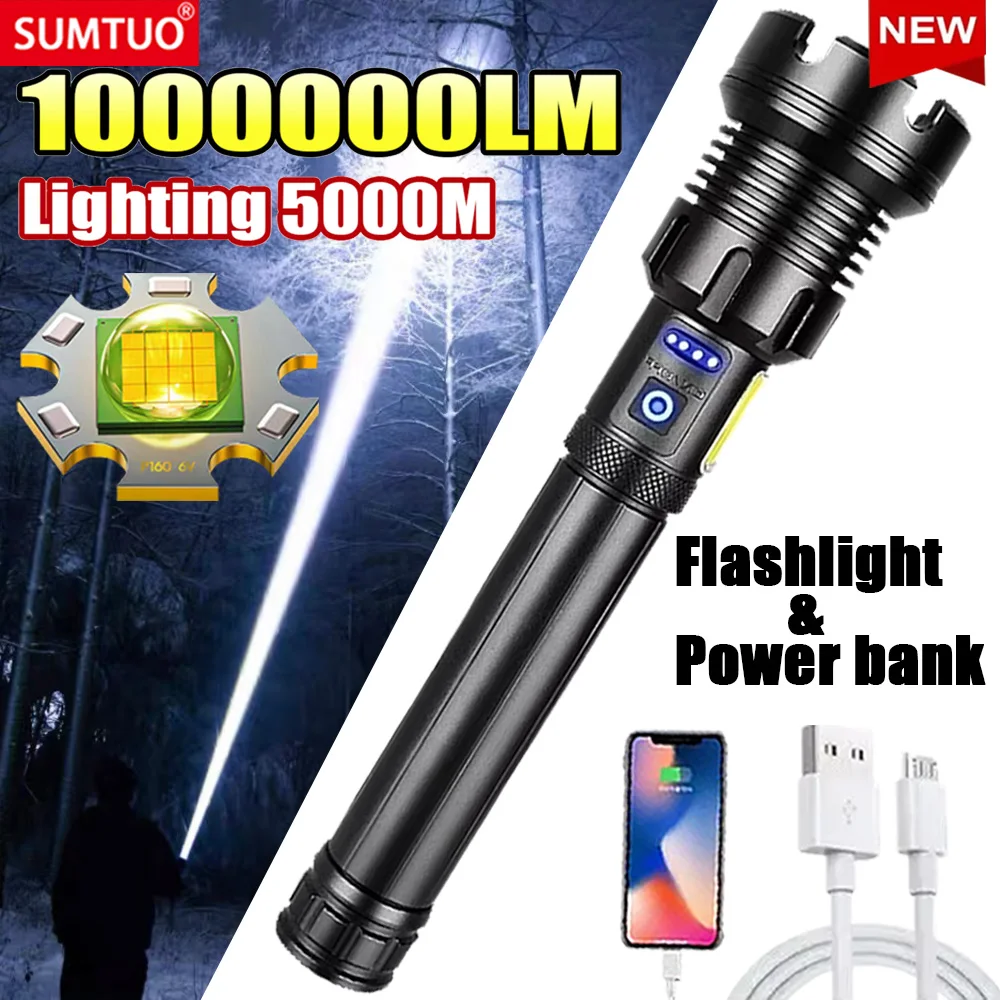 

10000000LM Ultra Powerful Flashlight Zoom 5000M Long Range Torch High Power Led Flashlights Rechargeable Strong Tactical Lantern