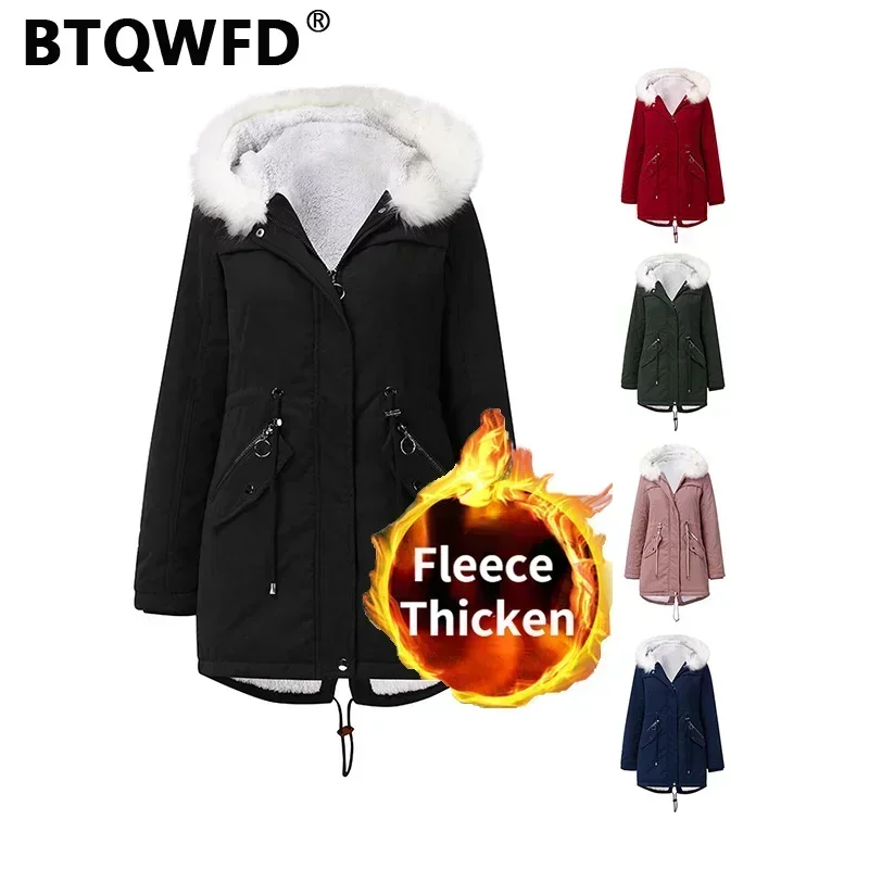 

BTQWFD Female Clothing Autumn Winter Thicken Warm Long Parka Women Casual Solid Big Pocket Hooded Coats Jackets Outwear 2024 New