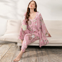 3pcs Elegant Floral Print Ladies Sleepwear Set Pyjamas Women Sleepwear