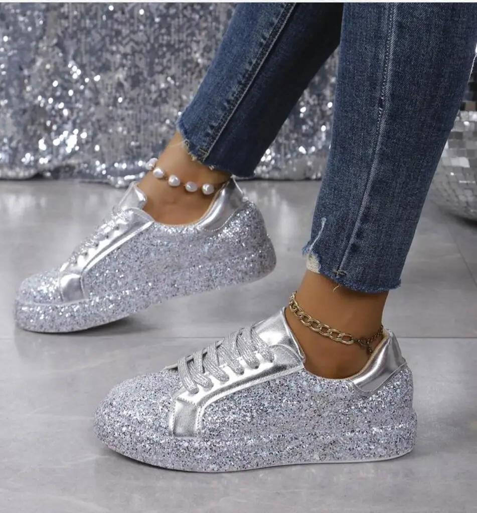 Women\'s Sequin Sneakers Fashion Breathable Flat Woman Soft Sole Walking Vulcanized Shoes Women Casual Sneaker Zapatos De Mujer