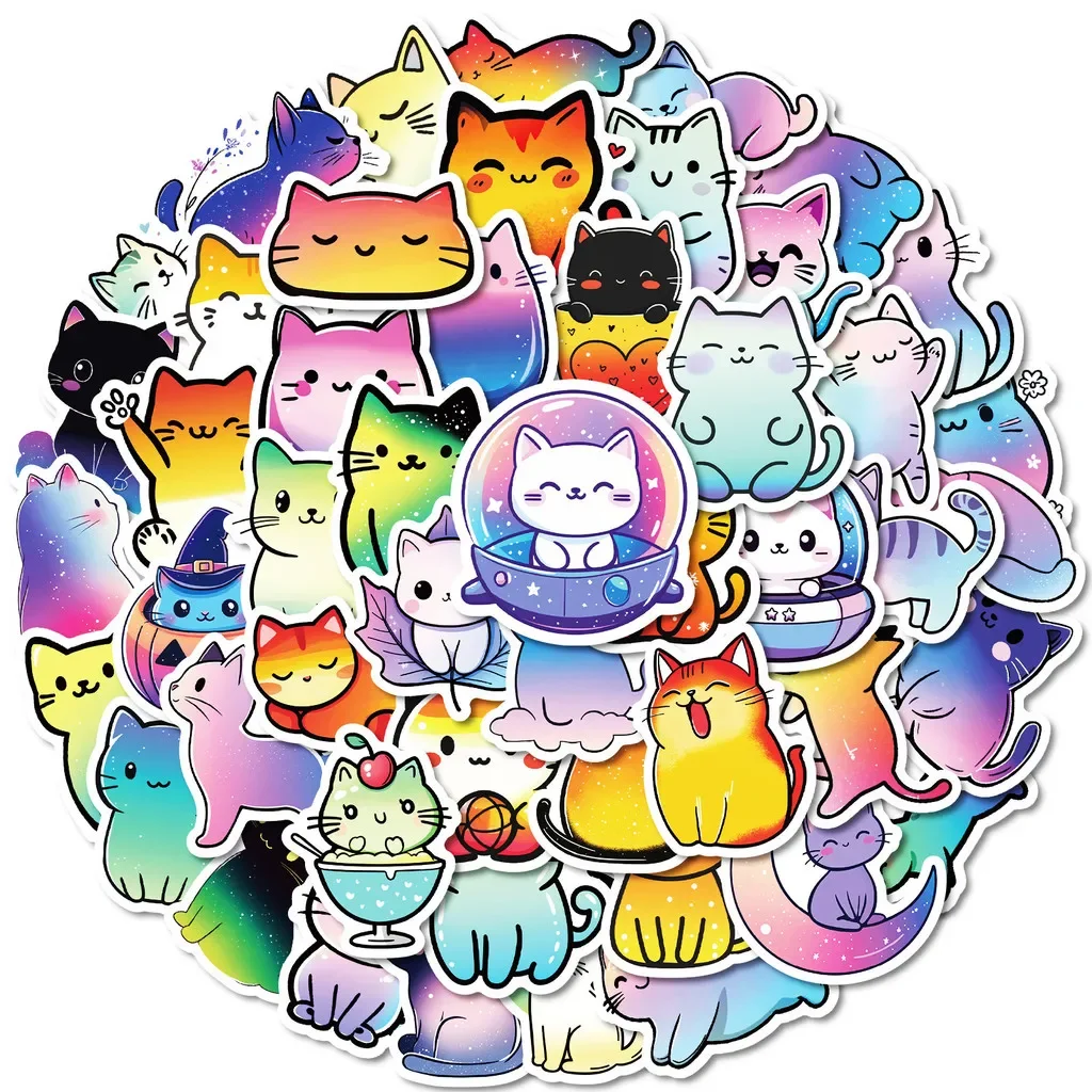 50Pcs New Color Shifting Cat Doodle Stickers, Vibrant Gradient Decals for DIY Craft Decor AnimeWorlds Store