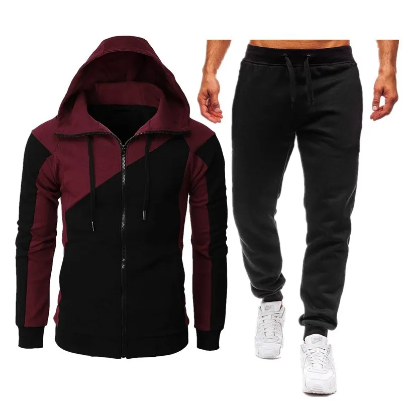 2024 autumn and winter sports two-color spliced jacket long sleeved long pants hooded casual sports men\'s suit