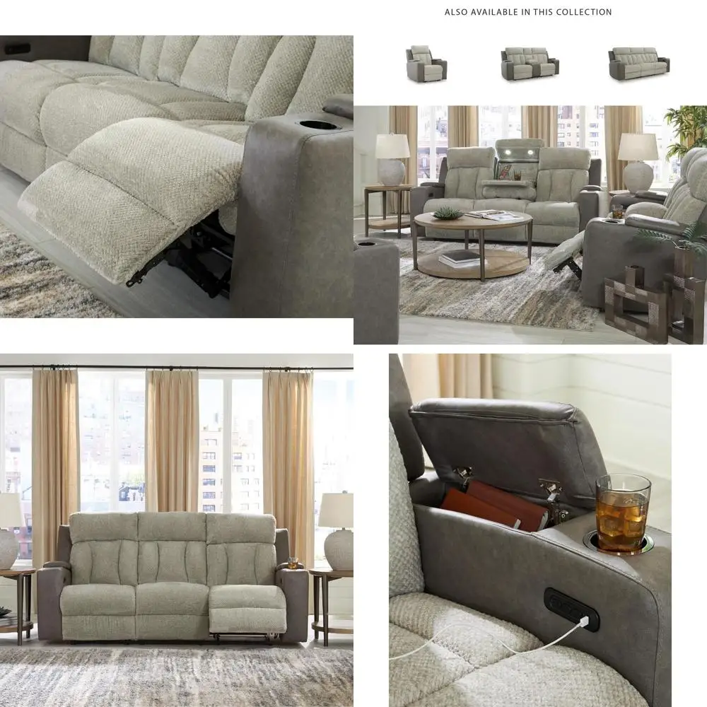 

Кожаный диван-реклайнер с электроприводом, откидным столиком, массажем поясницы, LED-подсветкой, регулируемой спинкой, серый и бежевый