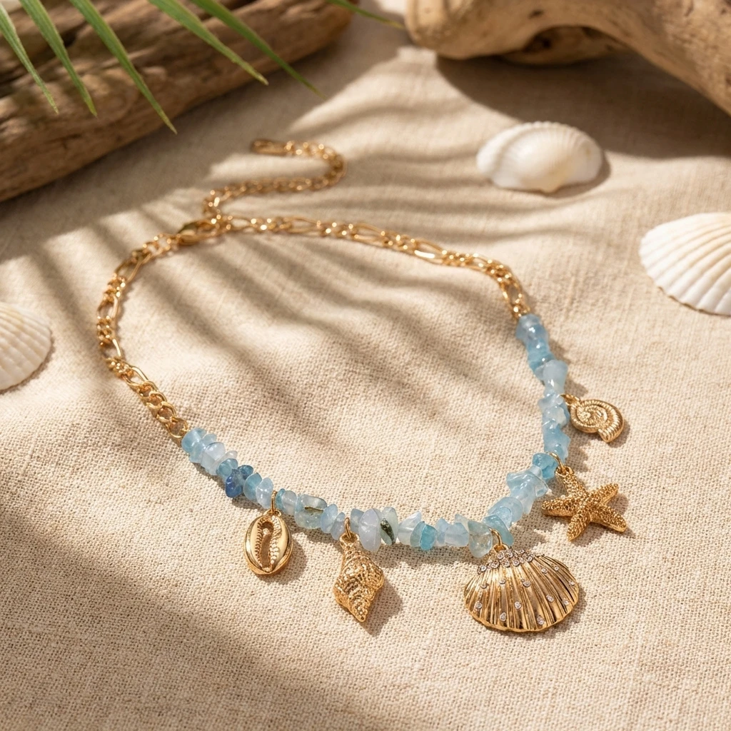 Boho Y2K Süße Muschel-Seestern-Halskette für Frauen, Blaue Unregelmäßige Kiesel-Muschel-Anhänger, Ästhetischer Schmuck, Partygeschenk – Detail 5