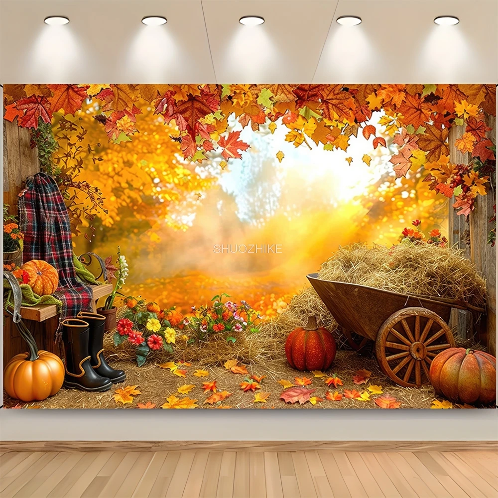 Halloween Day Theme Photography Backdrops Props Wagon Flowers Fall Scene With Pumpkin Patch Door Photo Studio Background HW-04