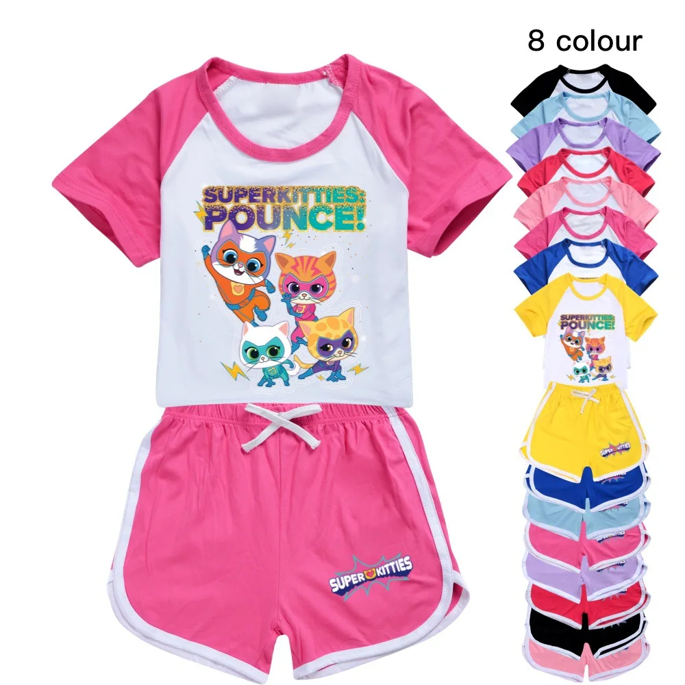 Superkitties  Super Cat Costumes Kids Clothes Toddler Boys Summer Outfits Baby Grils Short Sleeve Tshirt + Shorts 2pcs Set 2238