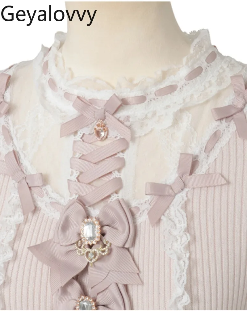 Pull tricoté en dentelle pour filles, mignon et doux, avec nœud polyvalent, Patchwork, col rond, manches longues, nouvelle collection automne