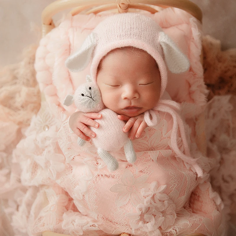 Newborn Photography Props Baby Girl Photo Elastic Wrap Swaddle Blanket Knitted Doll Hat Infant Studio Photoshoot Accessories