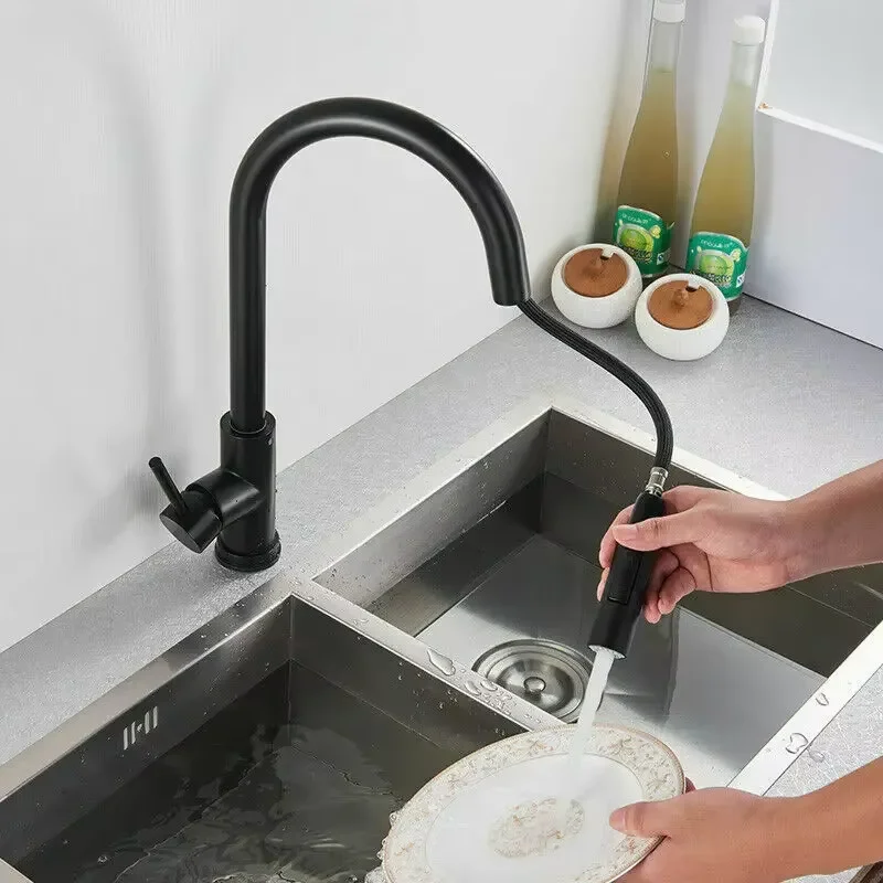 Upgraded black silver pull-out telescopic rotary kitchen faucet two models water outlet stainless steel hot and cold dual mode