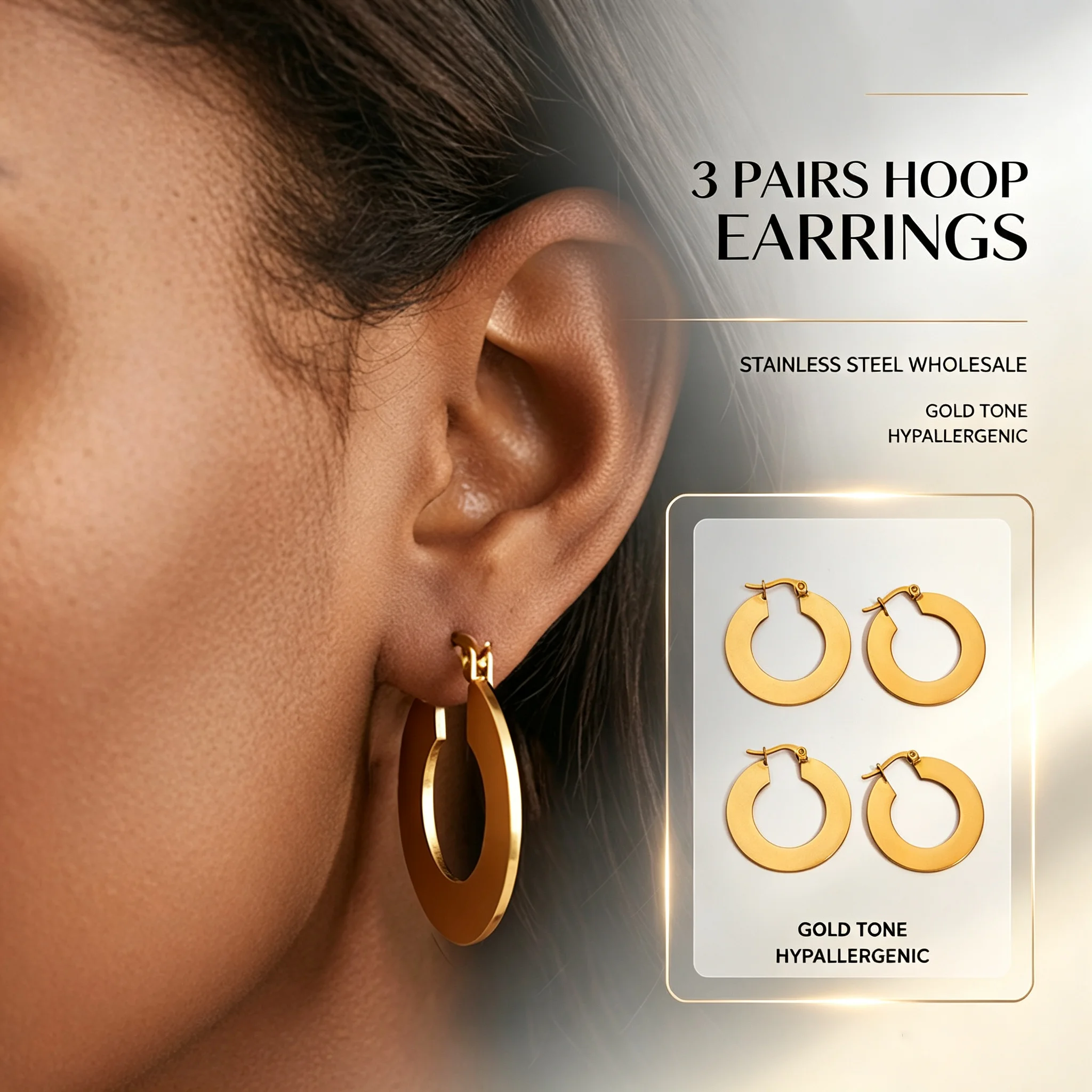 Wholesale 3 Pairs Stainless Steel Flat Wide Hoop Earrings Gold Plated Hollow Circle Huggie Earrings Minimalist Jewelry Set