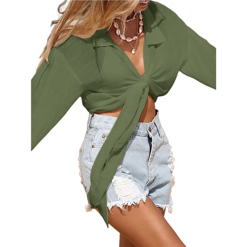 

CYL-Women's Swimwear Cover Ups Tops Tunic Self-Tie Swimsuit Long Sleeve Soft Beach Shirt For Women