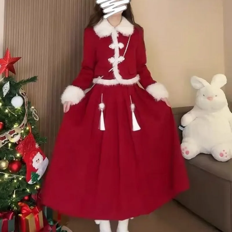 Two Piece Set New Year Christmas Chinese Style Red Sweet Temperament Top Skirt Outfits Autumn Winter Holiday Women Suits