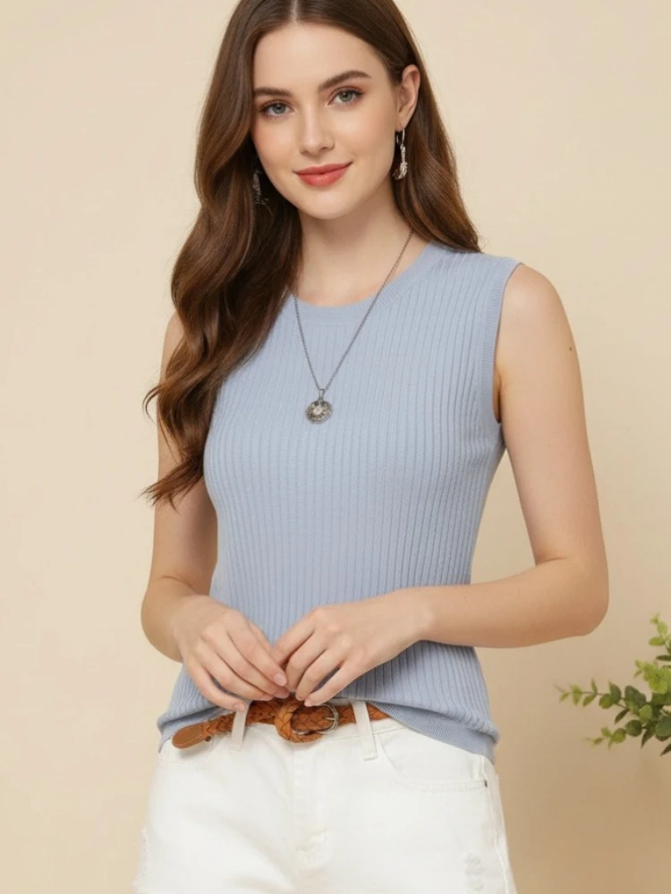 Zjaiss 2026 Summer Women Top Korea Knitted Vests Sleeveless Blouse Women O-neck Knitted Blouse Shirt Clothes Women Tops