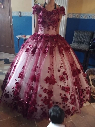 Y&m Novias Dark Red Quinceanera Sweet 16 Dresses 3D Flowers Lace Applique Off Shoulder Prom Ball Gown Graduation Plus Size Floor