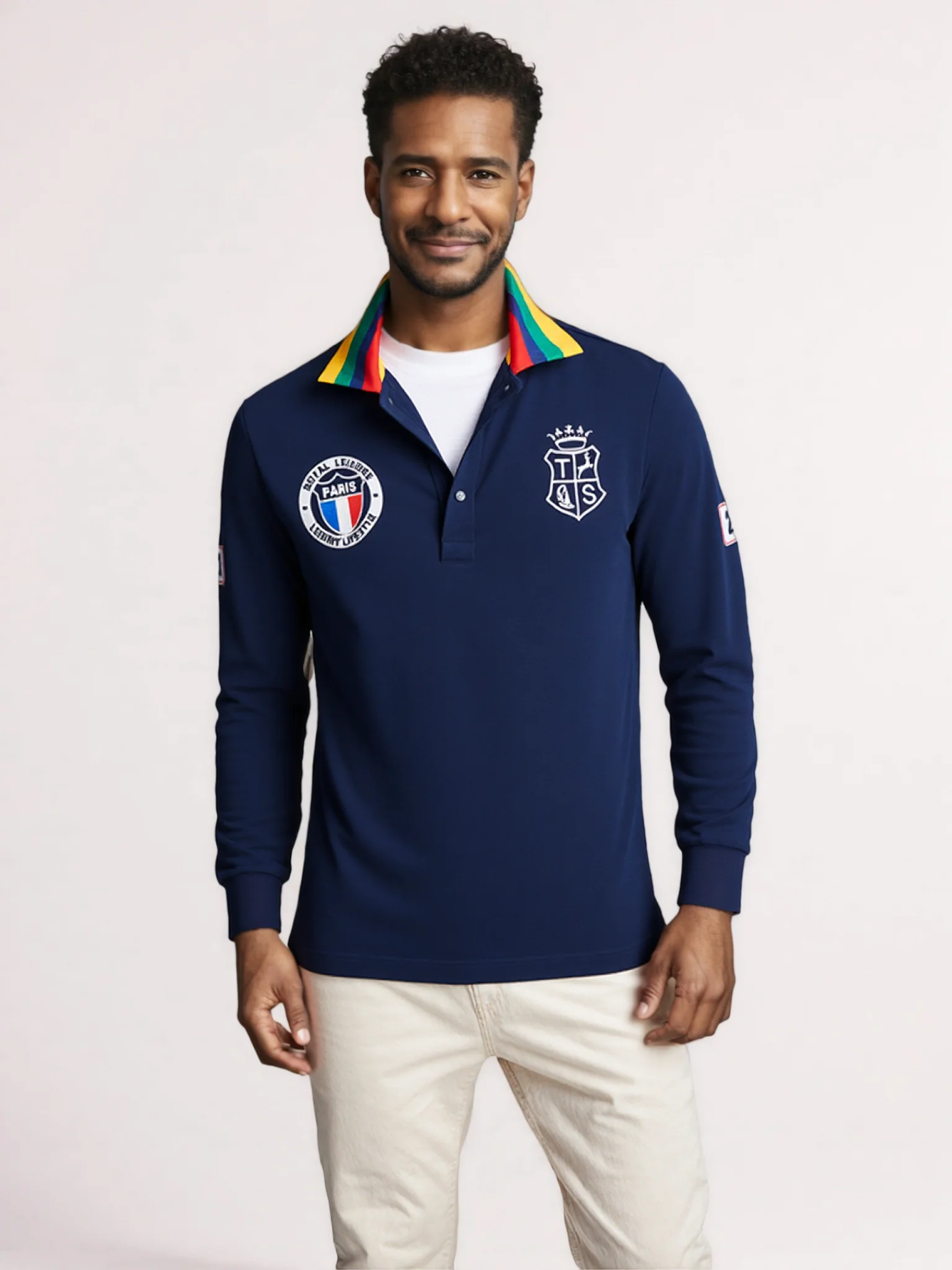 

Французская Парижская хлопковая мужская рубашка поло с длинными рукавами и вышивкой, спортивная повседневная модная рубашка-поло на Рождество, Хэллоуин, День святого Валентина Carni