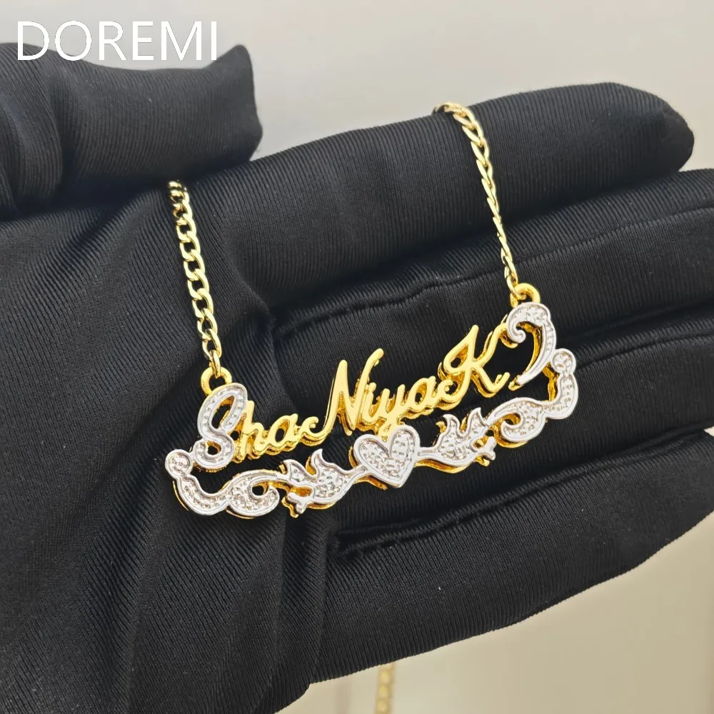 DOREMI Personalized Gift Jewelry Hip Hop Heart Design Charms Flower Flow Double Tone Color Name Necklace Customize Name Necklace