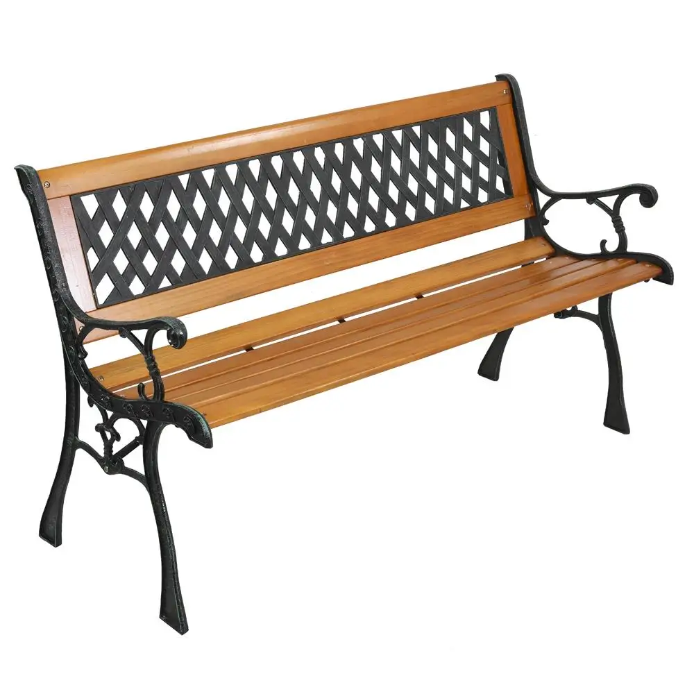 

49 Outdoor Garden Bench - Hardwood & Cast Iron Love Seat with Weave Back for Patio Deck