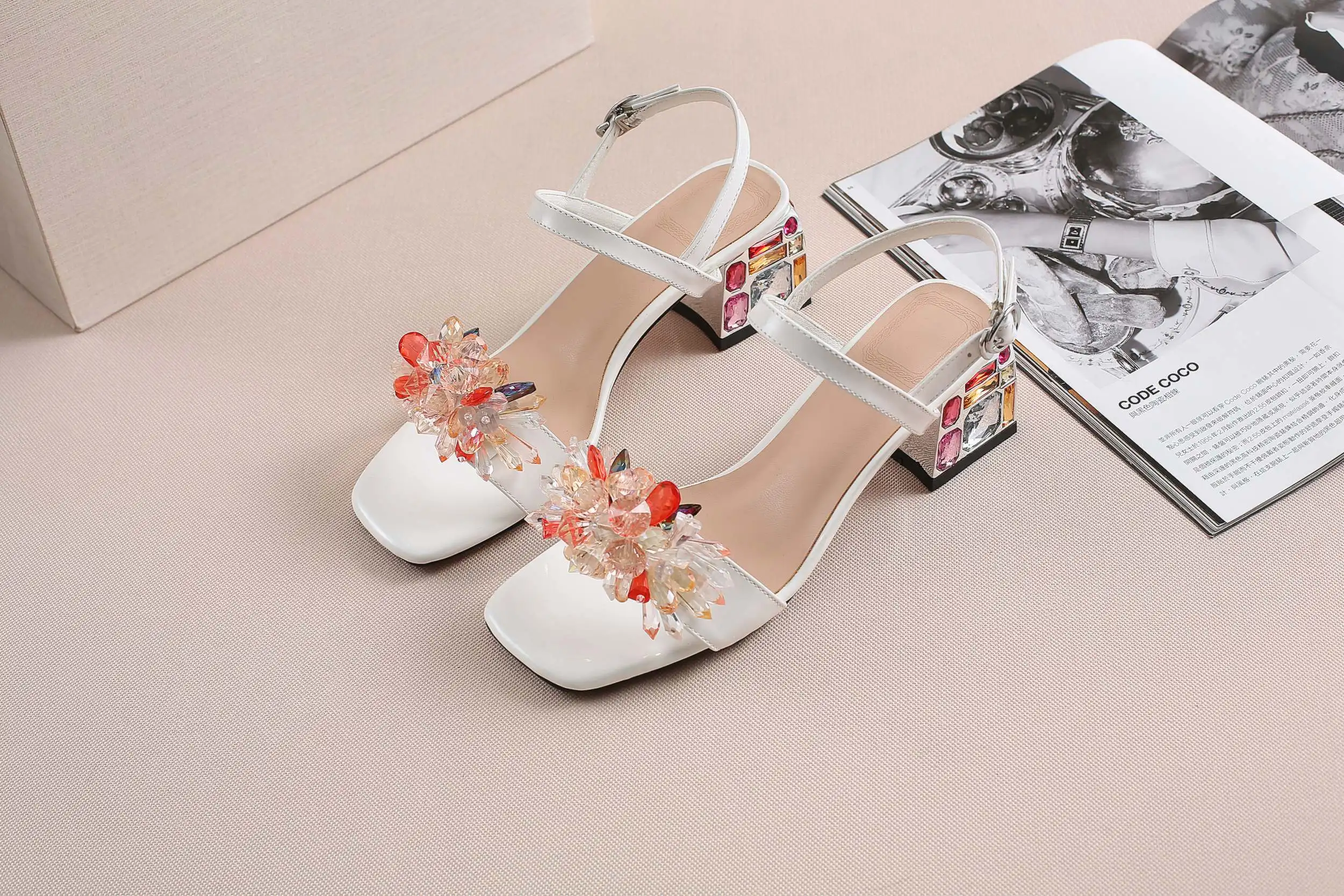 Krazing Pot Big Size Square Toe High Heels Crystal Flowers Fairly Dating Rhinestone Dance Party Buckle Straps Women Sandals