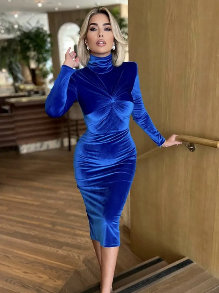 Luxury Women Winter Sexy Long Sleeve Turtleneck Velvet Blue Midi Bodycon Dress 2022 Elegant Evening Party Club Outfit