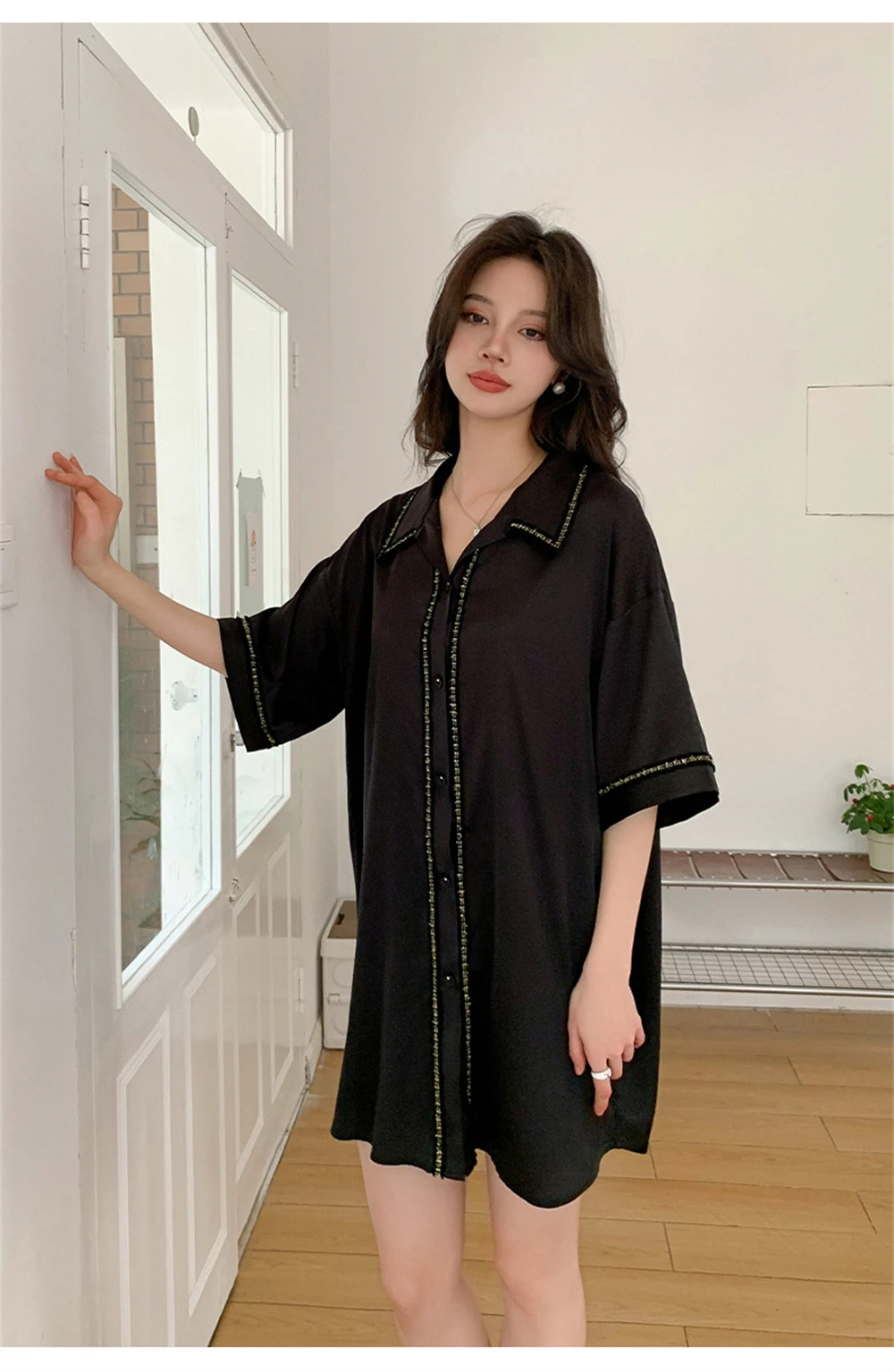 Female Black Sleepshirt Summer Back Hollow Nightdress Homewear Lace Turn-down Collar Loungewear Nightgown Lingerie Shirt Dress