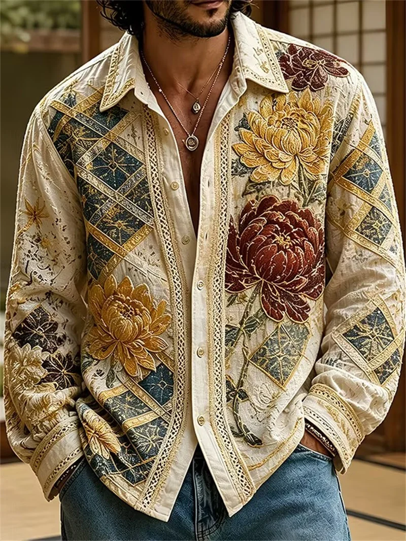 New Chinese style chrysanthemum diamond grid patchwork shirt with retro lace for men's long sleeved shirt