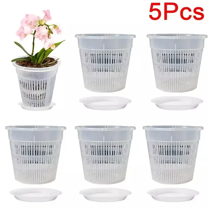 

5pcs Orchid Pot With Saucers Plastic Clear Flower Plant Repotting Pot With Holes Mesh Pot Root Control Orchid Flower Breathable