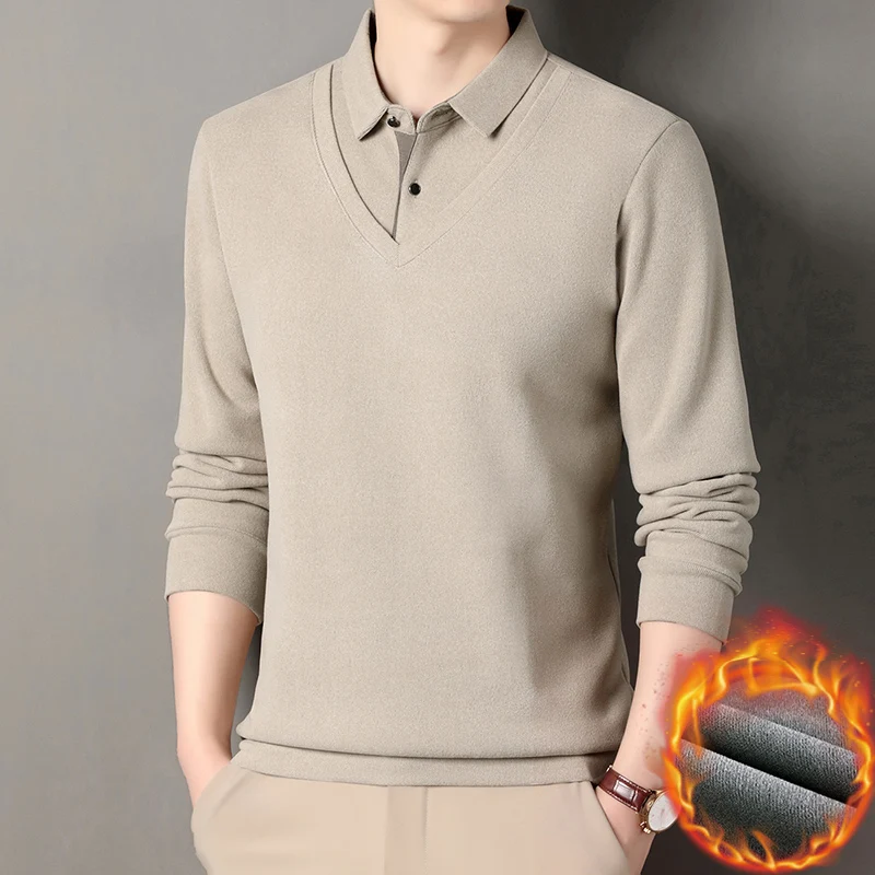 

Две кусочки однотонной футболки с длинными рукавами и лацканами с добавлением бархата, мужская осенне-зимняя новая повседневная мужская базовая рубашка-поло