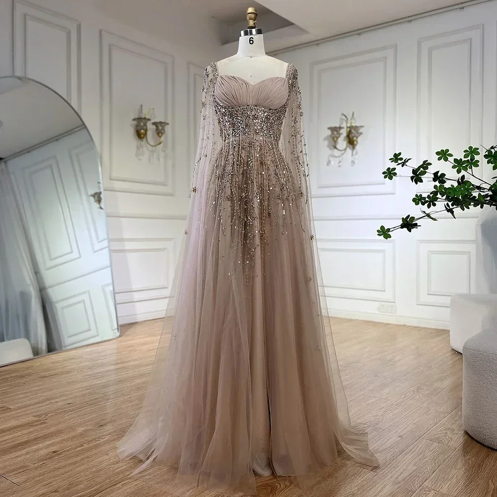 Serene Hill Arabic Champagne Dubai Evening Dress Luxury Celebrity Beaded Tassel High Slit Women Wedding Party Customize BLA72390