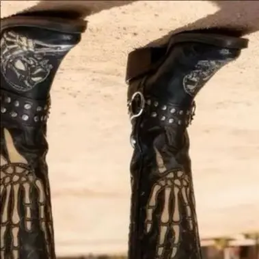 Skull Totem Western Boots Women/men Retro Square Toe Chunky Heel Slip On Belt Buckle Knight Boots 2026 Black Fashion Design Boot