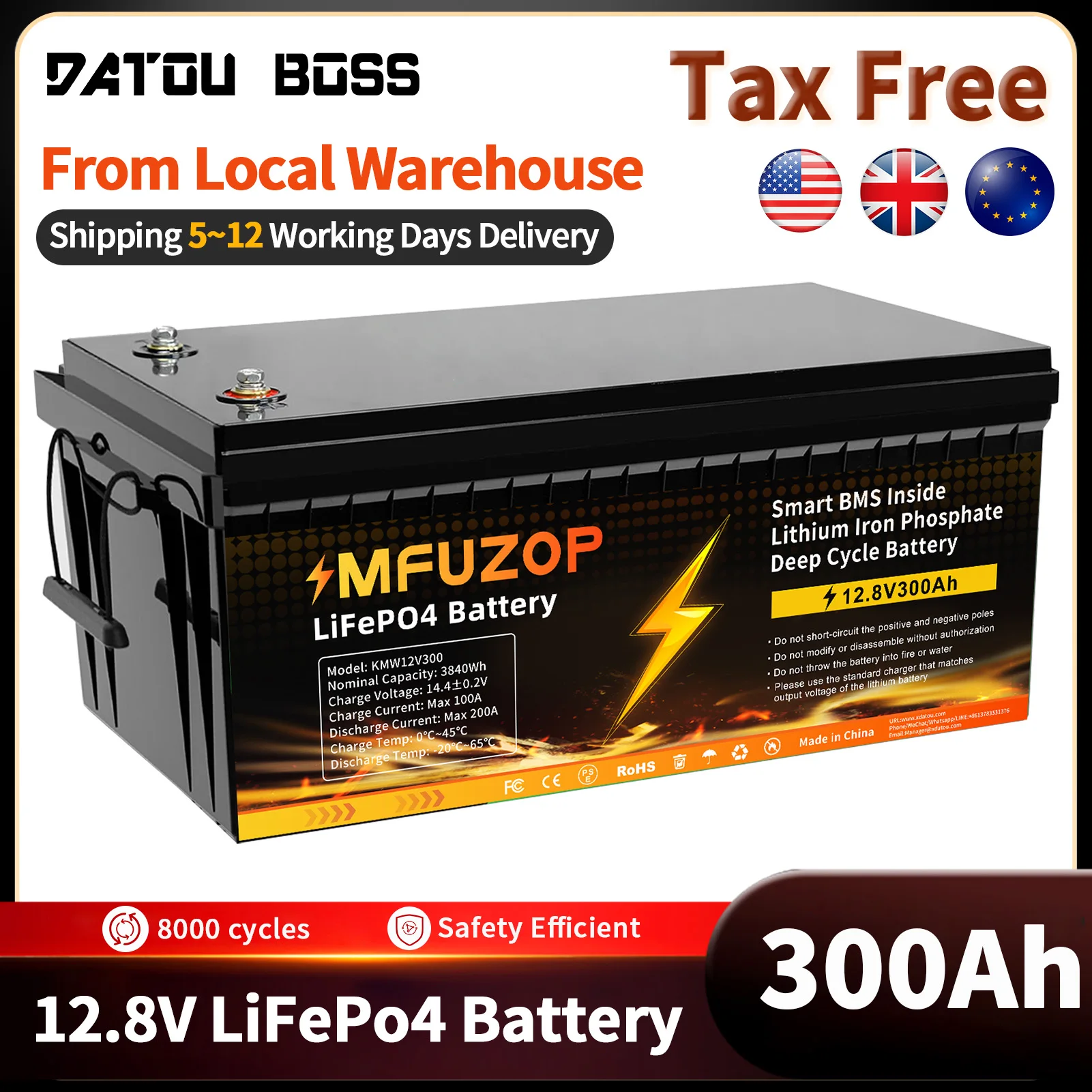 DATOUBOSS 300ah lifepo4 Battery 12v Built-in BMS Lithium Iron Local Warehouse Delivery Fast Shipping 8000 Cycles