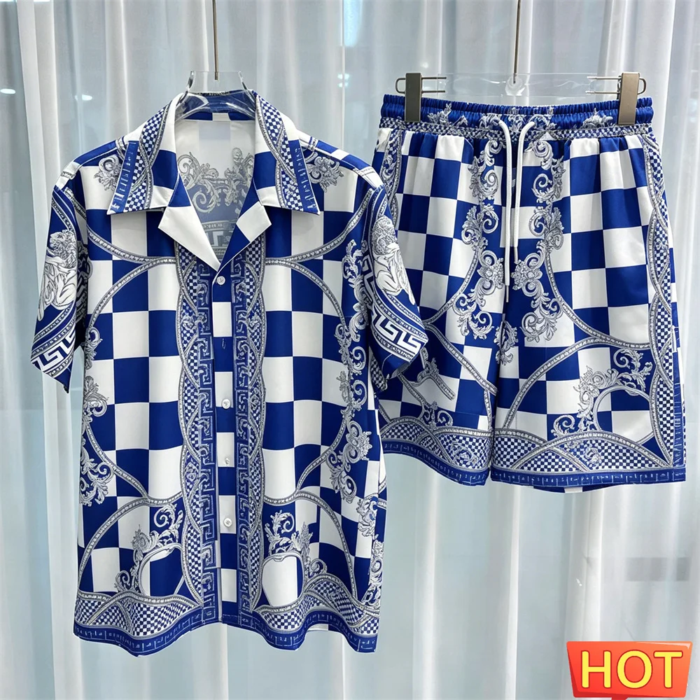Sommer-Herrenhemd-Set mit Karomuster, Freizeit-Urlaubs-Zweiteiler, Herren-Matching-Sets, Herrenbekleidung, Zweiteiler-Set mit Shorts und Hemd