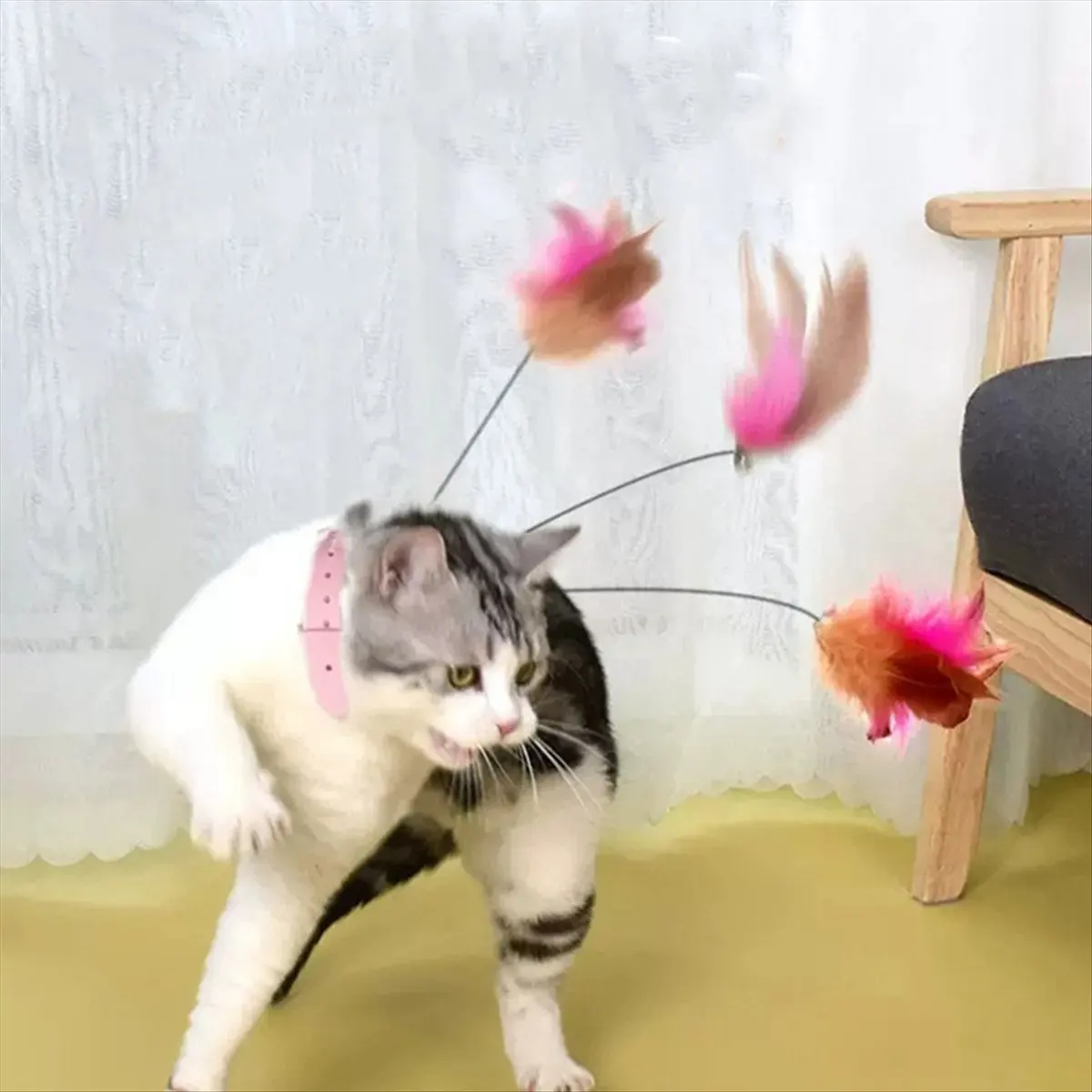 ABPP Pink Interactive Cat-Toys Funny Teaser Stick with Bell Pets Collar Playing Teaser Wand Training Toys for Cats