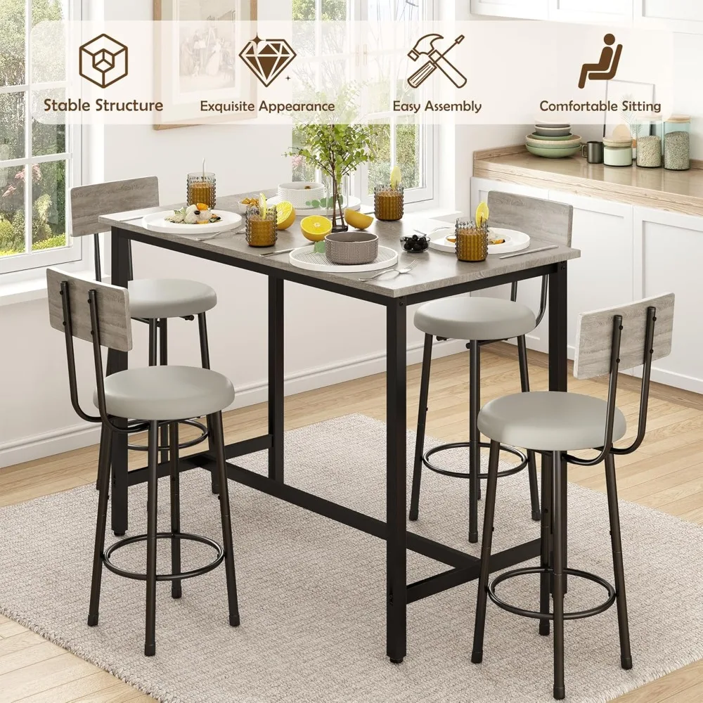 47.2-Inch Bar Table and Chairs Set, Modern Industrial 5-Piece Counter Height Dining Table Set, Bar Table with 4 stools Bar Table