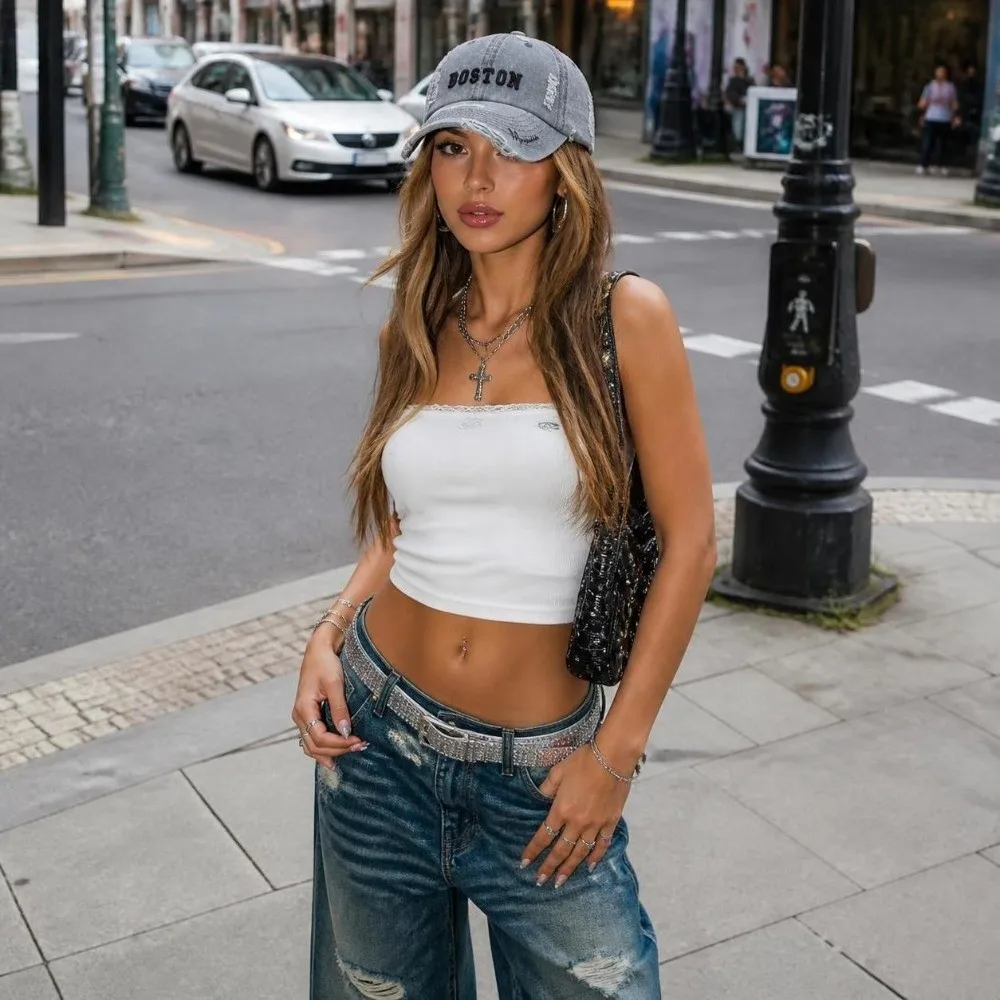 Vintage Washed Cotton Baseball Cap Boston Letter Breathable Trucker Cap Adjustable Sun Protection Sun Hat Men Women